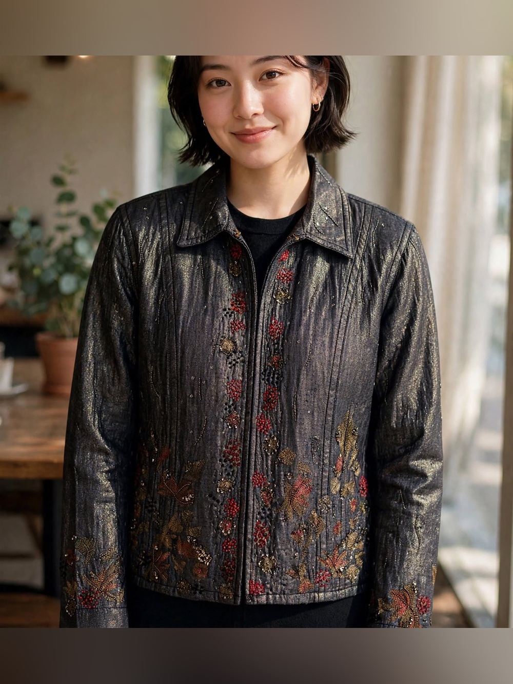 Chico's Metallic Black Leather Jacket with Floral Embroidery
